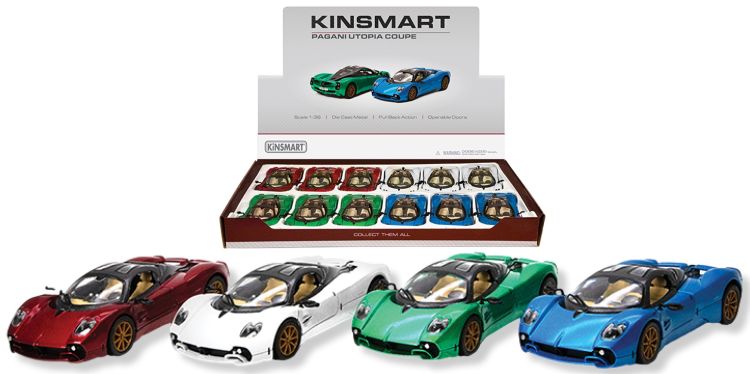 KINSMART – Pagani Utopia Coupe’ – Modellino cm12 c/porte apribili – c/pull-back and go In espo da 12pz (xcm) 4ass…x12…x48